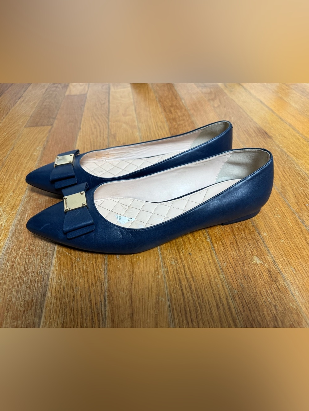 Cole Haan Navy Pointed-Toe Ballet Flats with Bow and Gold Accent - Picture 3 of 8
